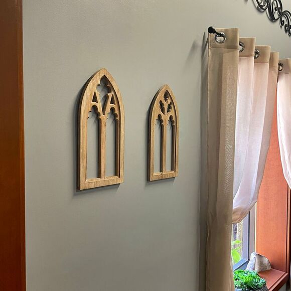 Whitewashed Wood Gothic Arch Window Frame Wall Decor 2 Piece Set - Picture 6 of 9
